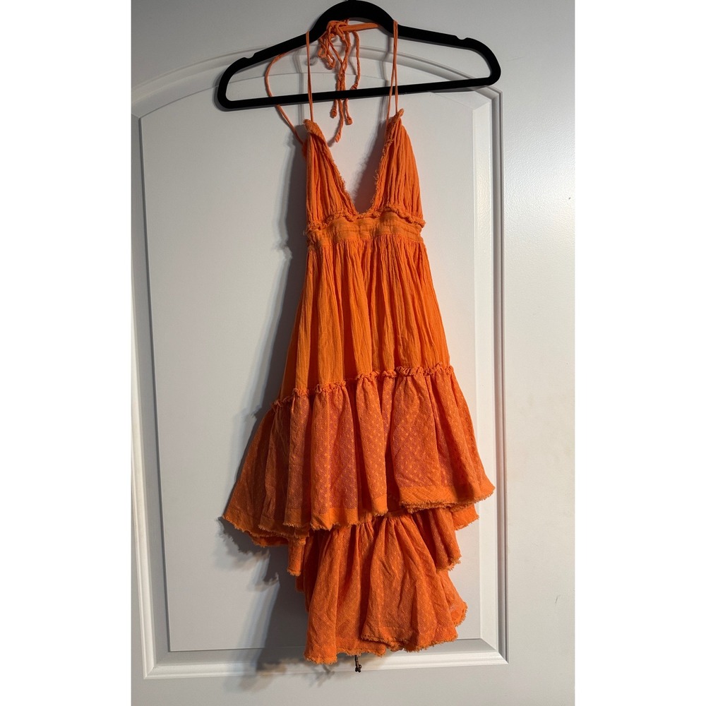 Free People Extratropical Dress XS Orange Boho Mini Halter Festival Gauze Hippie